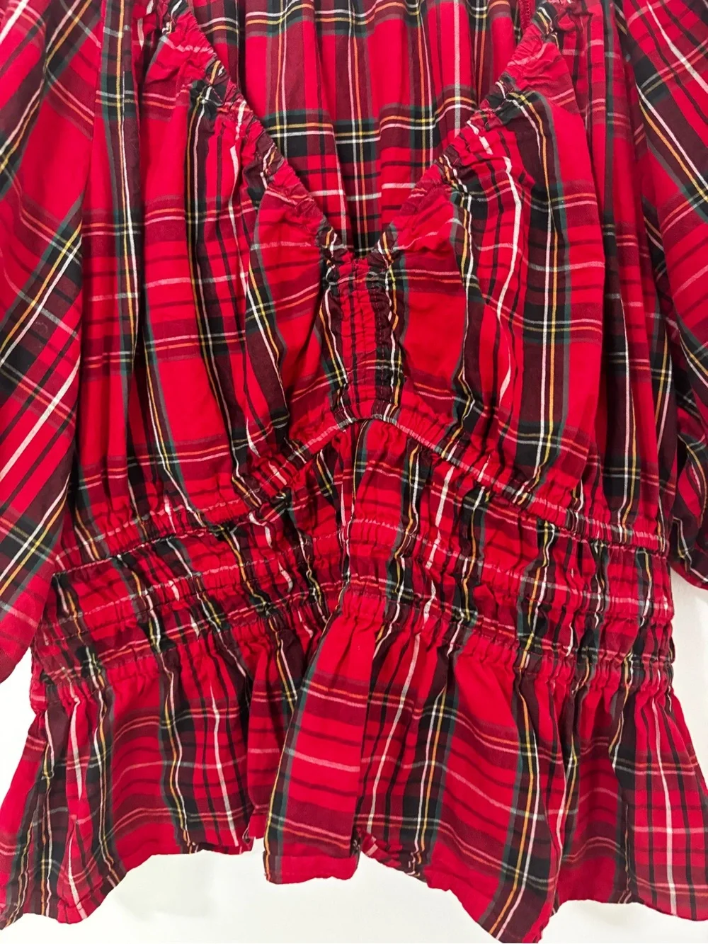 Old Navy Red Tartan Plaid Puff Sleeve Smocked Peplum Top Size L Cottagecore